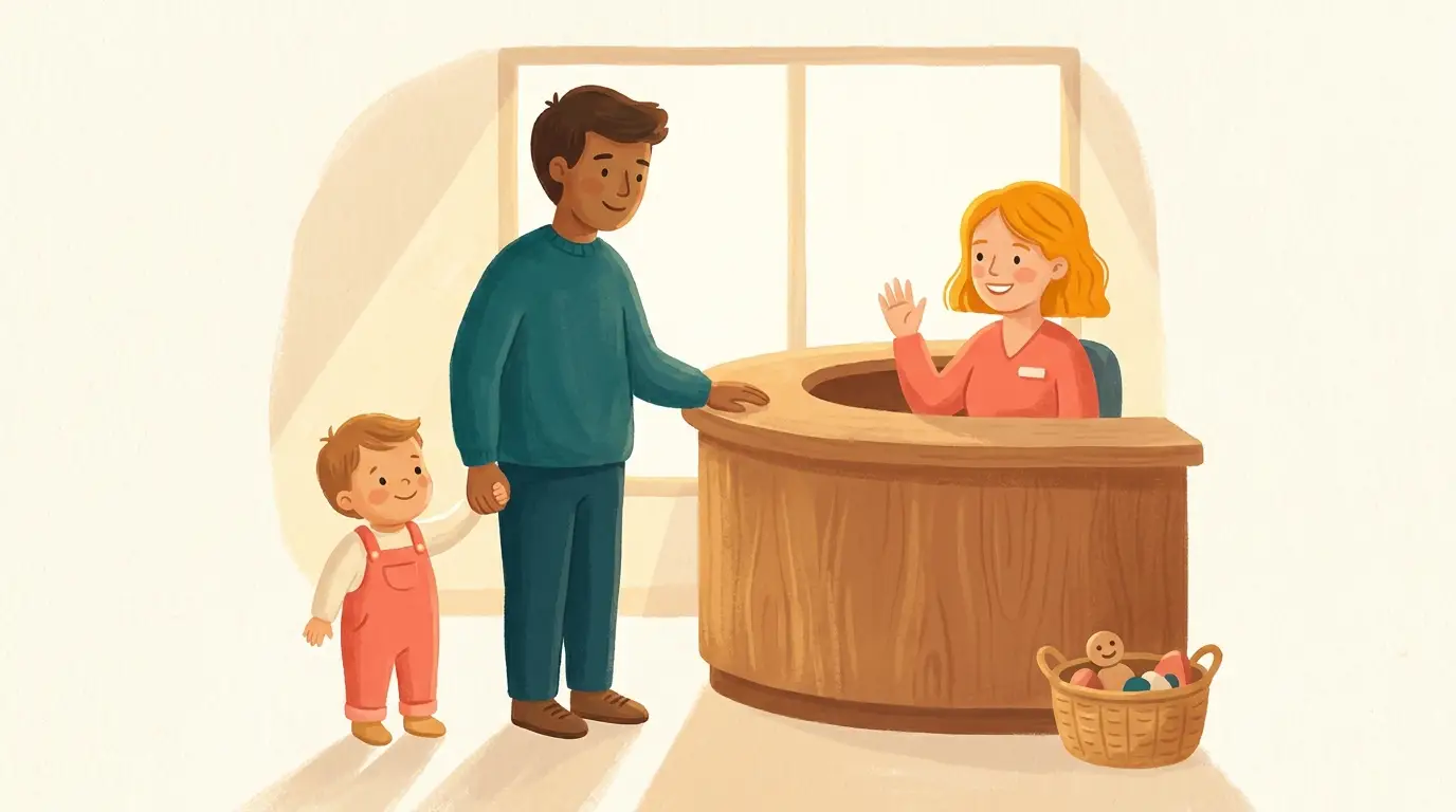 Illustration of a family being welcomed at the front desk
