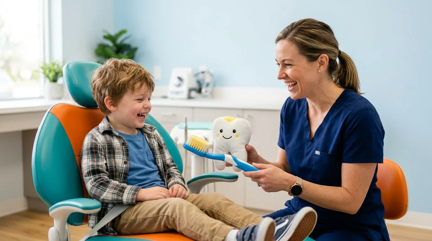 A pediatric dentist showing a giant toothbrush and plush tooth toy to a giggling little boy